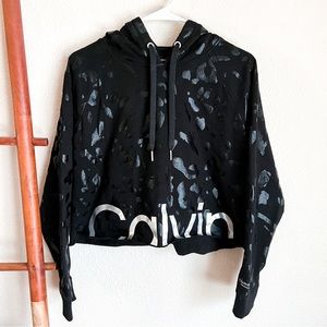 Calvin Klein black leopard decal crop performance hoodie, Large
